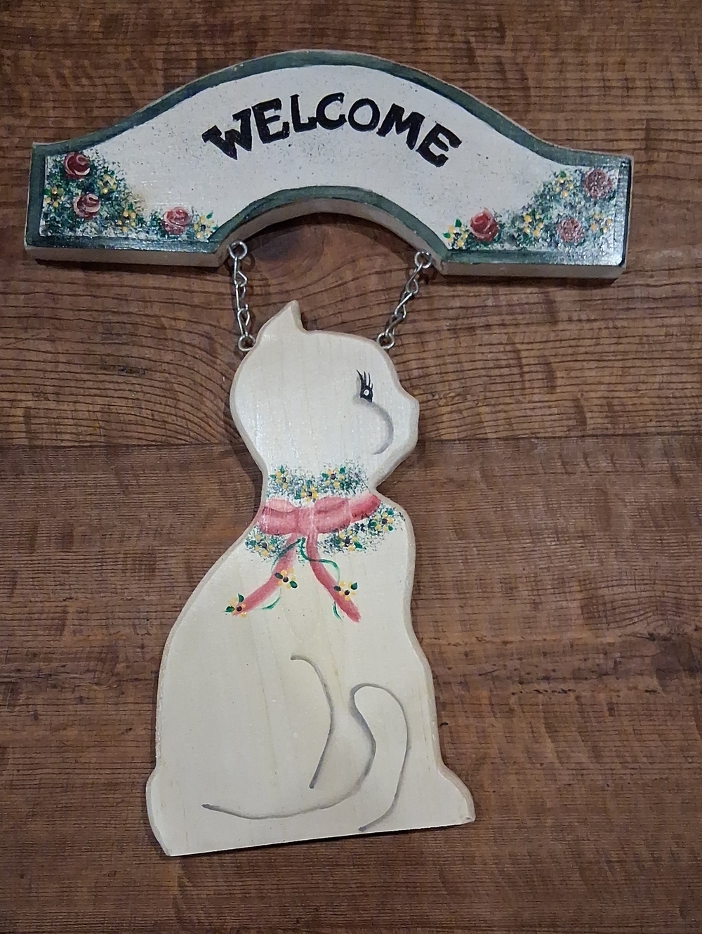 Welcome Hanging Cat Wall Sign - Cream and Pink